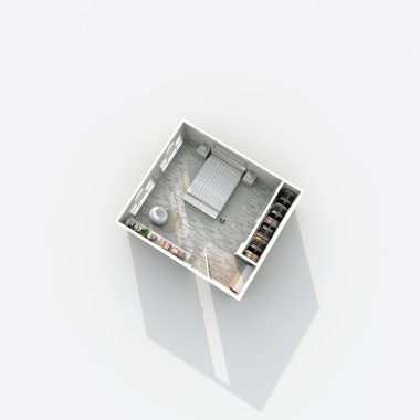 3D iç işleme planı görünümü döşenmiş yatak odası