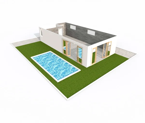3D-Innenrenovierung einer leeren Wohnung mit grünem Garten und Pool — Stockfoto