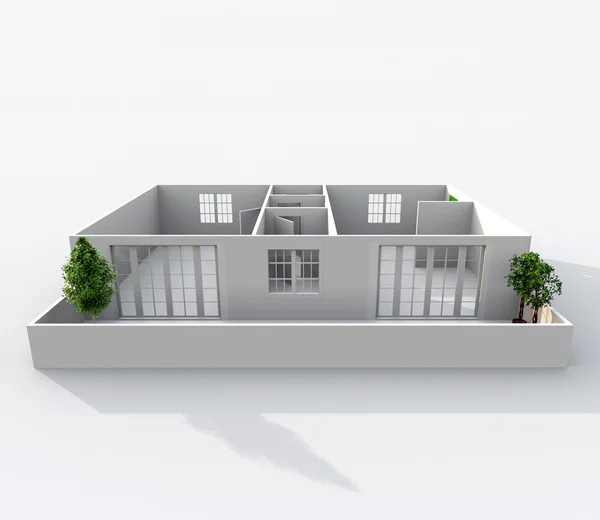 Wnetrze renderowania 3D pusty papier modelu domu mieszkania z balkonem i drzew — Zdjęcie stockowe