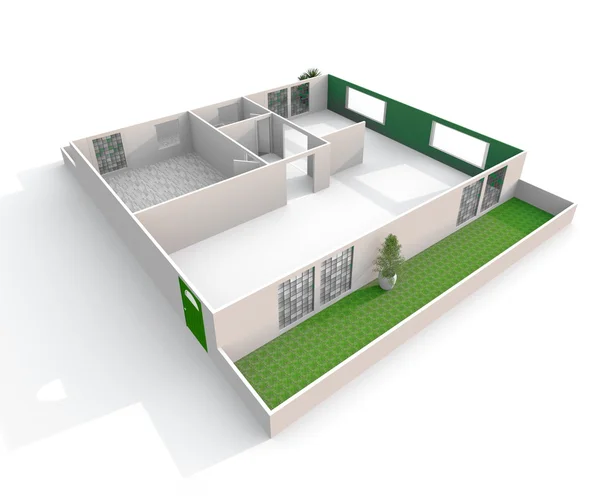 3d 室内渲染的空纸模型家公寓，带绿色阳台斜视图 — 图库照片