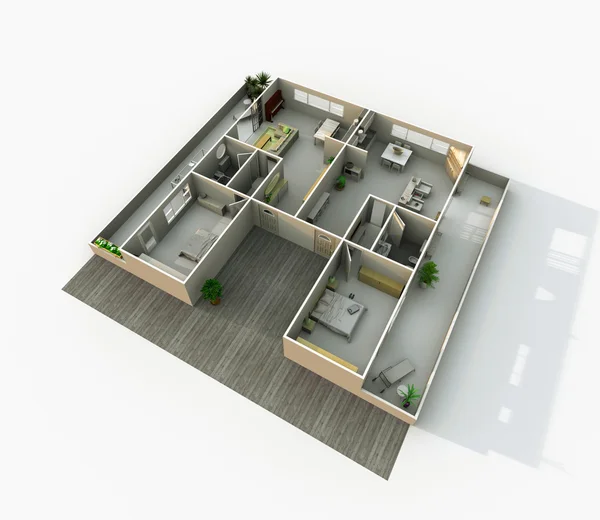 3d interno rendering vista obliqua di appartamento ammobiliato casa — Foto Stock