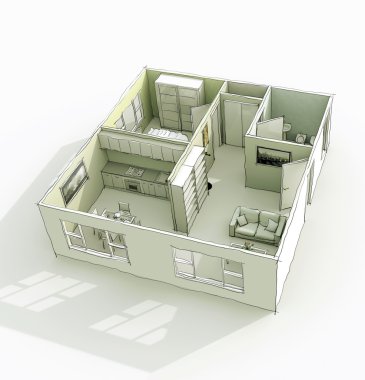 3D çapraz görüş-in serbest kroki döşenmiş ev daire çizimi çizim
