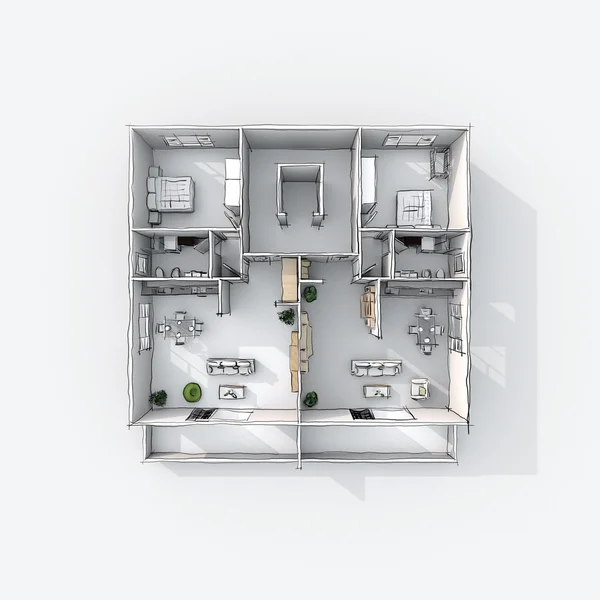 Трехмерный план просмотра эскиза с иллюстрацией меблированной квартиры — стоковое фото