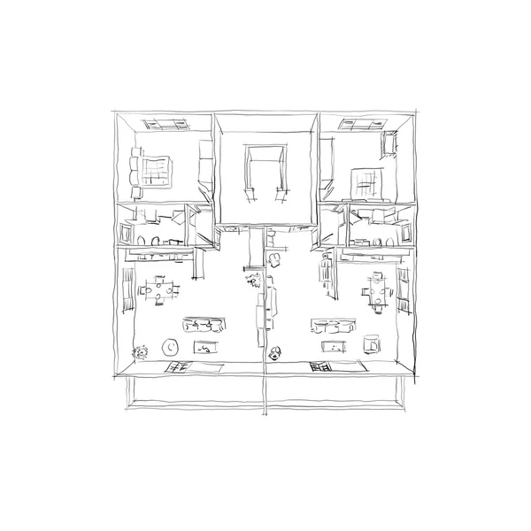 Freihand-Skizze Zeichnung Illustration der 3D-Grundriss-Ansicht der möblierten Wohnung — Stockfoto