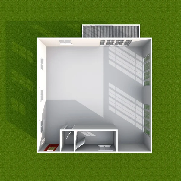 3d 室内渲染的屋顶家里备有家具及绿色花园平面图 — 图库照片