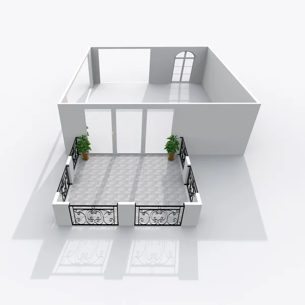 Wnetrze renderowania 3D pustego domu Apartament z balkonem i rośliny — Zdjęcie stockowe