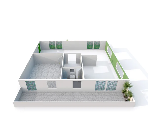 3D Innenrendering von leer stehenden dachlosen Eigenheimen mit Balkon — Stockfoto