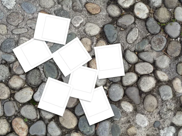 Multiple blank square instant photo frames on cobblestone — Stock Photo, Image