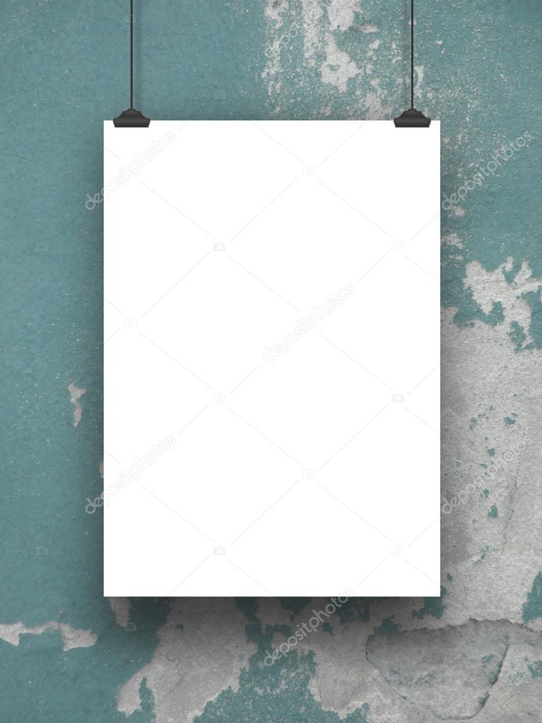 Single hanged paper sheet on blue concrete wall background