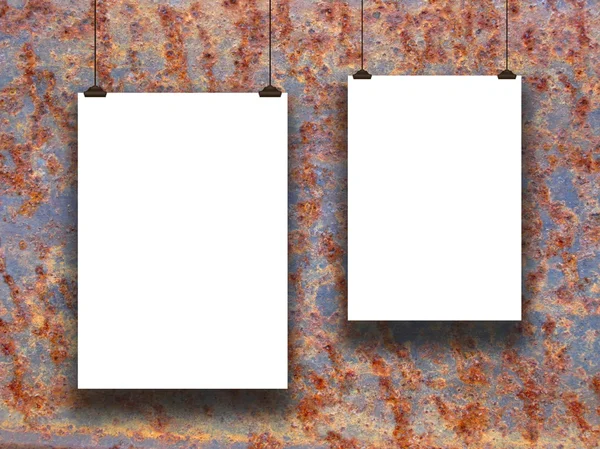 Two paper sheets on rusty metal wall — Stock Photo, Image