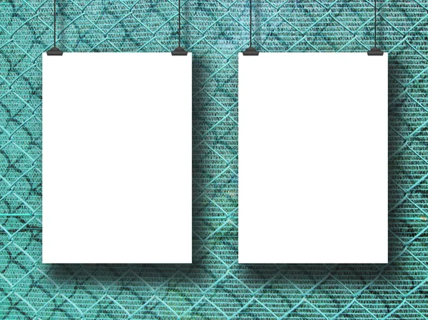 Two hanged paper sheets on green and metal wire grid — Stock Photo, Image