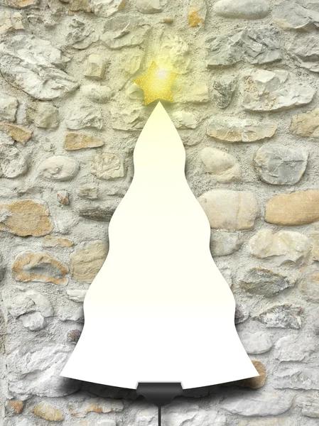 Single Christmas tree shaped frame with turned on star on stone wall — Stock Photo, Image