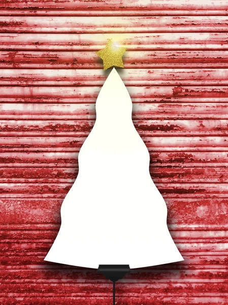 Single Christmas tree shaped frame with turned on star on red metal shutter — Stock Photo, Image