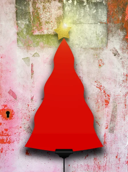 Single red Christmas tree shaped frame with turned on star on grungy scratched concrete wall — Stock Photo, Image