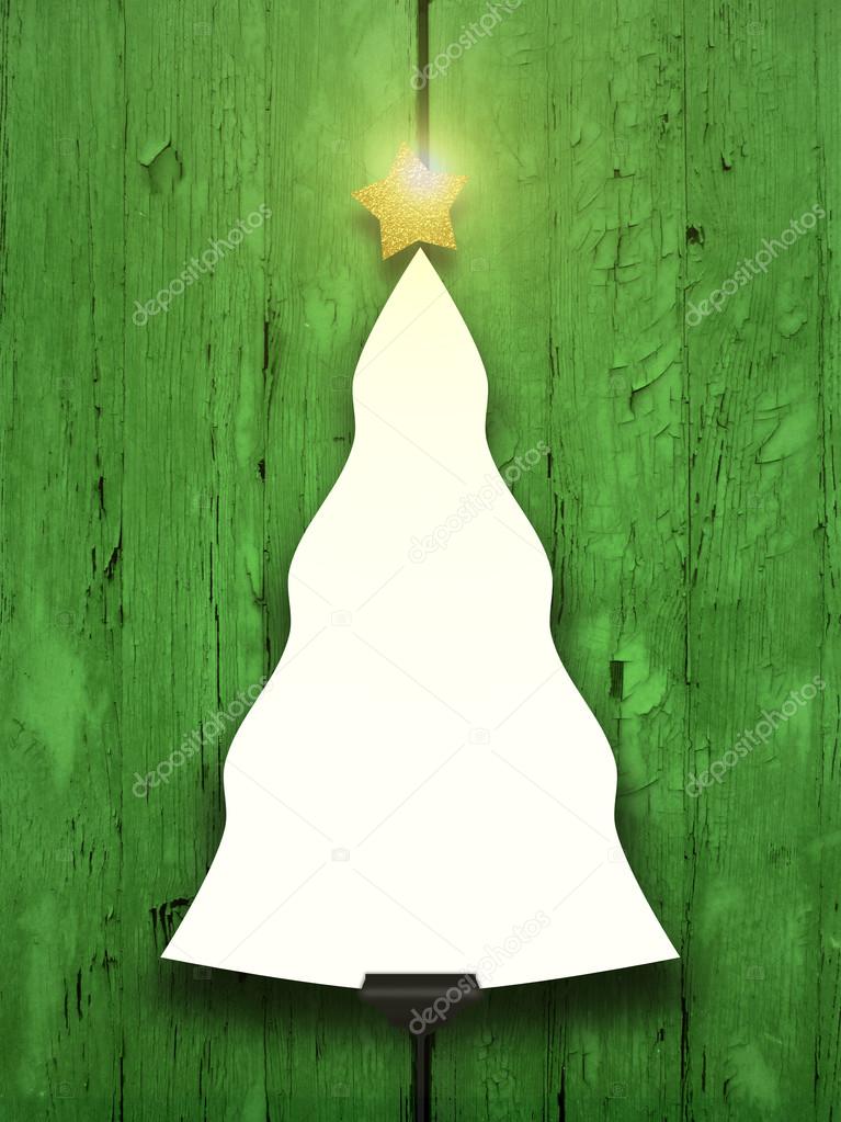 Single Hanged Tree Shaped Frame With Star On Green Wooden Single Hanged Tree Shaped Frame With Star On Green Wooden Boards Stock Photo