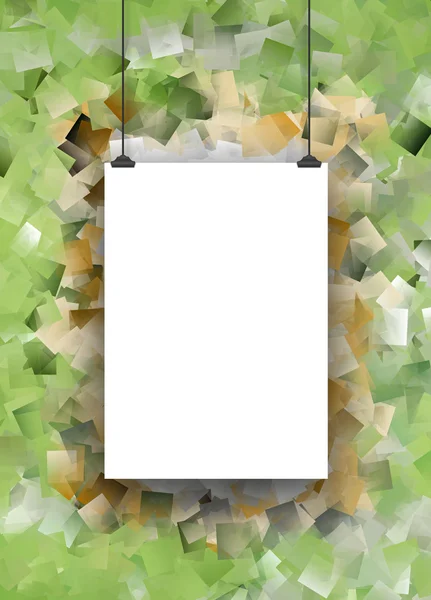 Single hanged rectangular paper sheet with clips on greenish abstract — Stock Photo, Image