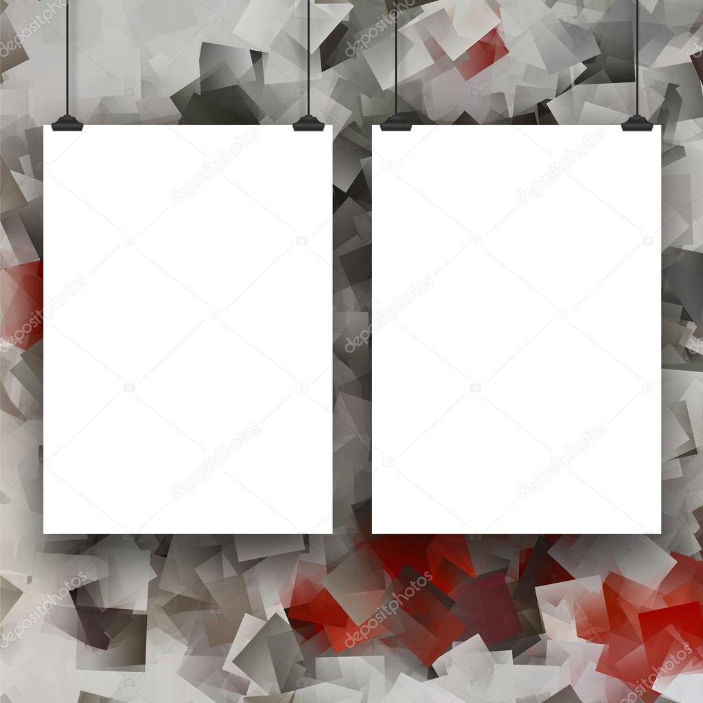 Two hanged paper sheets with clips on abstract squared