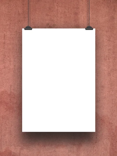 Single hanged paper sheet with clips on stained red fabric — Stock Photo, Image