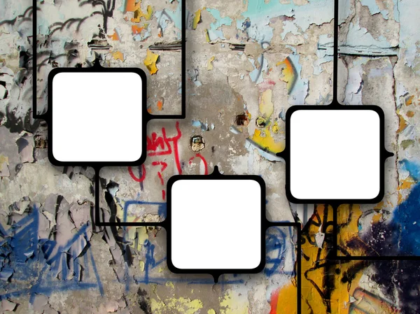 Three square empty frames linked together on graffiti concrete wall — Stock Photo, Image