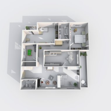 3D iç işleme mobilyalarla roofless daire