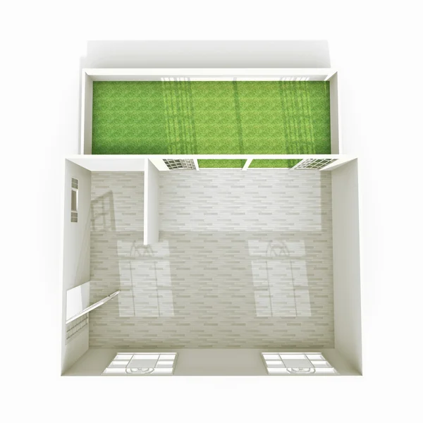 3D-interieur rendering van lege open ruimte appartement en groene patio — Stockfoto