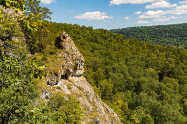 Rusya 'da yüksek kayalık dağları, mavi gökyüzünün altında yeşil çimenler ve ağaç ormanı ve beyaz bulutları olan Idyllic manzarası.