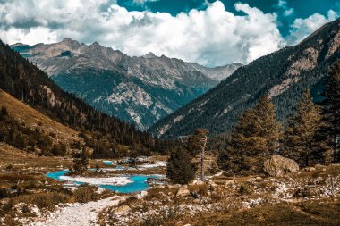 Orman, gökyüzü, bulutlar, nehir manzaralı resimli bir dağ manzarası. sonbahar sezonu