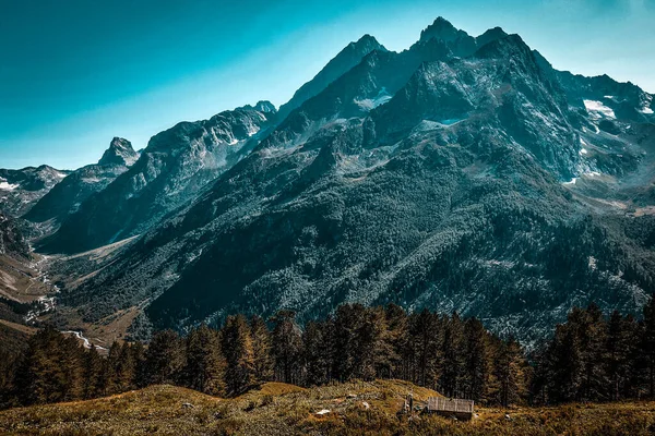Bulutsuz mavi gökyüzüne karşı tepeler. Karlı zirveler. Öndeki kozalaklı orman ve uzaktaki nehir. Turizm, seyahat, tırmanma, dağcılık. kultpohod