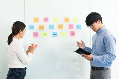 Toplantının iş ekibi çalışması ve ayna panosuna yapışkan bir yapışkan not. Ofis odasında ekiple beyin fırtınası planı toplamak için tartışıyorlar. 