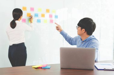 Toplantının iş ekibi çalışması ve ayna panosuna yapışkan bir yapışkan not. Ofis odasında ekiple beyin fırtınası planı toplamak için tartışıyorlar. 