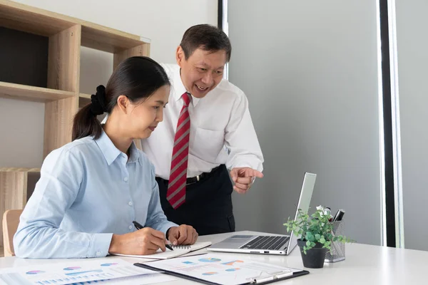 Kıdemli ve genç iş adamları, yeni beceriler edinmek için internet projesini ya da genç bir stajyerin ofisteki bilgisayar ekranına bakmasıyla Koçluk İş Takımı 'nı tartıştılar.