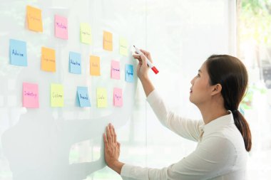 İşletme müdürü kendi takımı için fikir sunuyor ve cam pencere üzerine birçok not yapıştırıyor. İş görüşmeleri, yaratıcı ofis, planlama ve yönetim kavramında başarılı olmak için.