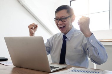 Üst düzey yakışıklı işadamı, mutlu ve heyecanlı, kazanan bir jest yaparak, projenin tamamlanmasından sonra kollarını kaldırarak, neşeli, pozitif, dikkatsiz, barışçıl, 