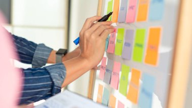 Adam beyaz tahtaya yapışan not kağıtlarına sağ eliyle yazı yazıyor. Soyunmuş mavi gömlek giyiyor. Eller ve not defterleri.