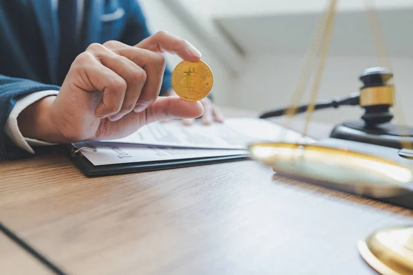 Attorney Holds Golden Coin Right Hand Law Hammer Paper Work — Stock Photo, Image