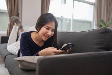 Ev konseptinden çalışmak. Gri bir kanepede uzanmış internette sörf yapan genç bir kadın..