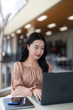 Genç Asyalı kadın bilgisayar üzerinde yoğunlaşıyor açık havada profesyonel çalışmalar yapıyor defter teknolojisi ile modern yaşam tarzı odaklanıyor.