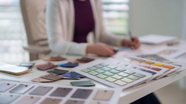 Profesyonel eller yaratıcı tasarım işiyle meşgul. Çeşitli renk materyal örnekleri seçiliyor. Canlı iç mimari projeleri planlıyorlar. Modern stüdyo ayarları.