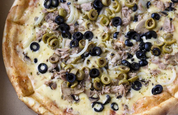 Pizza with mozzarella, tuna, onions, mushrooms and olives — Stock Photo, Image