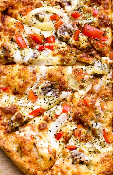 Italian pizza with sausage, red peppers and cheese mozzarella, onion, rosemary and basil — Stock Photo, Image