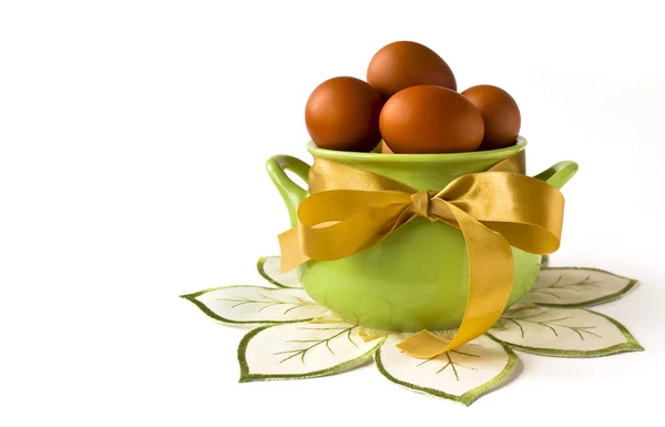 Easter greeting card - easter eggs in basket — Stock Photo, Image