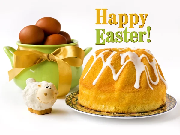 Mutlu Paskalya tebrik kartı - çiçek ile Paskalya kek (ekmek) — Stok fotoğraf