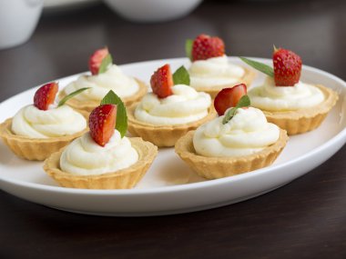 Birçok kek, taze meyve (çilek), ile cupcakes çırpılmış krema ve nane şekeri