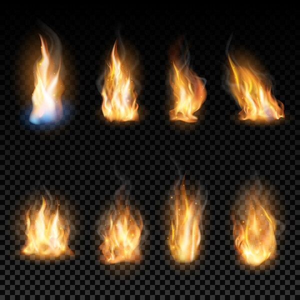 Fire flames on a transparent background.