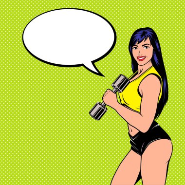 Dumbbell ile gülümseyen komik kız.