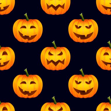 Siyah Arkaplanda Komik Yüzlü Kabak Fenerli Parlak Çizgi Filmli Kusursuz Şablon. Tasarım Şablonu. Sonbahar Tatili, Cadılar Bayramı Konsepti