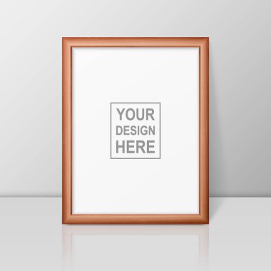 Vektör 3d Gerçekçi A4 Kahverengi Ahşap Basit Modern Çerçeve Parlak Beyaz Rafta veya Beyaz Duvara Karşı Yansımalı Masa. Sunumlar için kullanılabilir. Mockup için Tasarım Şablonu, Ön Görünüm