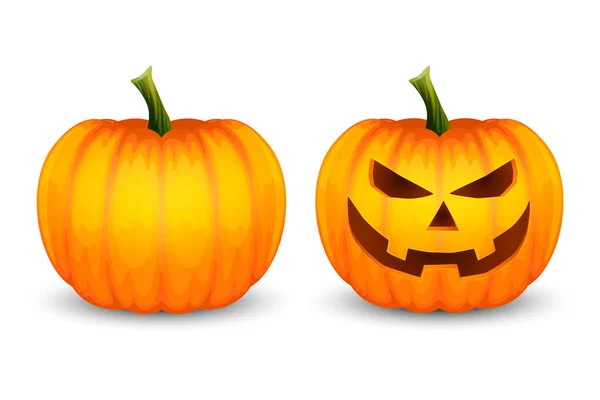 Vector brillante linterna de calabaza de Halloween de dibujos animados. Cara graciosa y en blanco. Icono conjunto primer plano aislado sobre fondo blanco. Vista frontal. Plantilla de diseño. Vacaciones de otoño, concepto de Halloween — Vector de stock