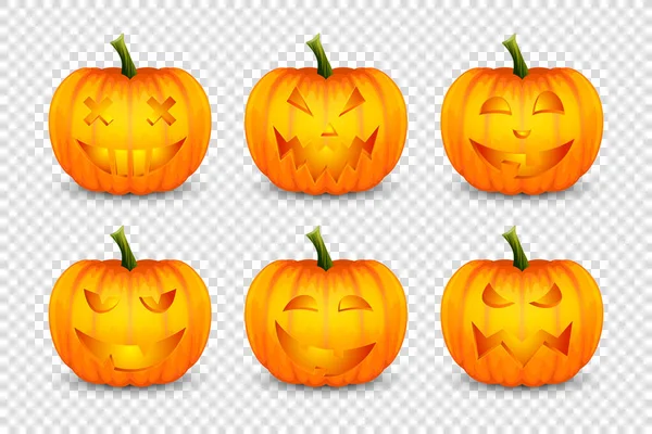 Vector Glossy Cartoon Halloween Pumkin Lantern with Funny Faces Icon Set Closeup Isolated on Transparent Background. Front View. Design Template. Autumn Holidays, Halloween Concept — Stock Vector