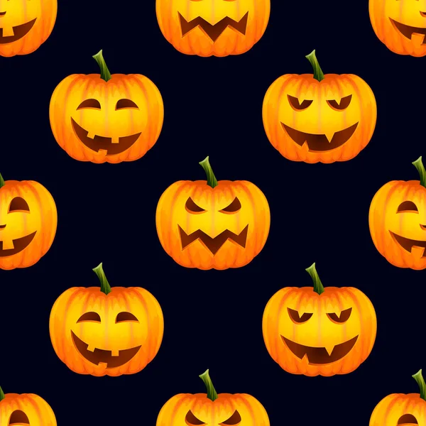 Vector Seamless Pattern with Glossy Cartoon Halloween Pumkin Lantern with Funny Faces on Black Background. 디자인 템플릿. 가을 저녁, 핼러윈 컨셉 — 스톡 벡터